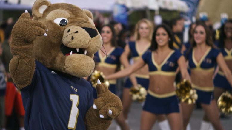 FIU mascot standing with cheerleading squad