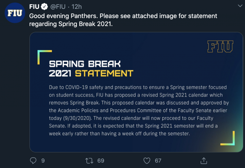 Fiu Spring 2022 Calendar Fiu Spring Break 2021 Is Canceled, Said Provost (Updated) – Panthernow